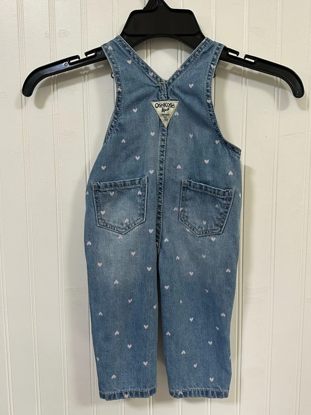 OshKosh 9mo Denim Heart Print Overalls Light Blue with Pink Hearts Heart Pocket